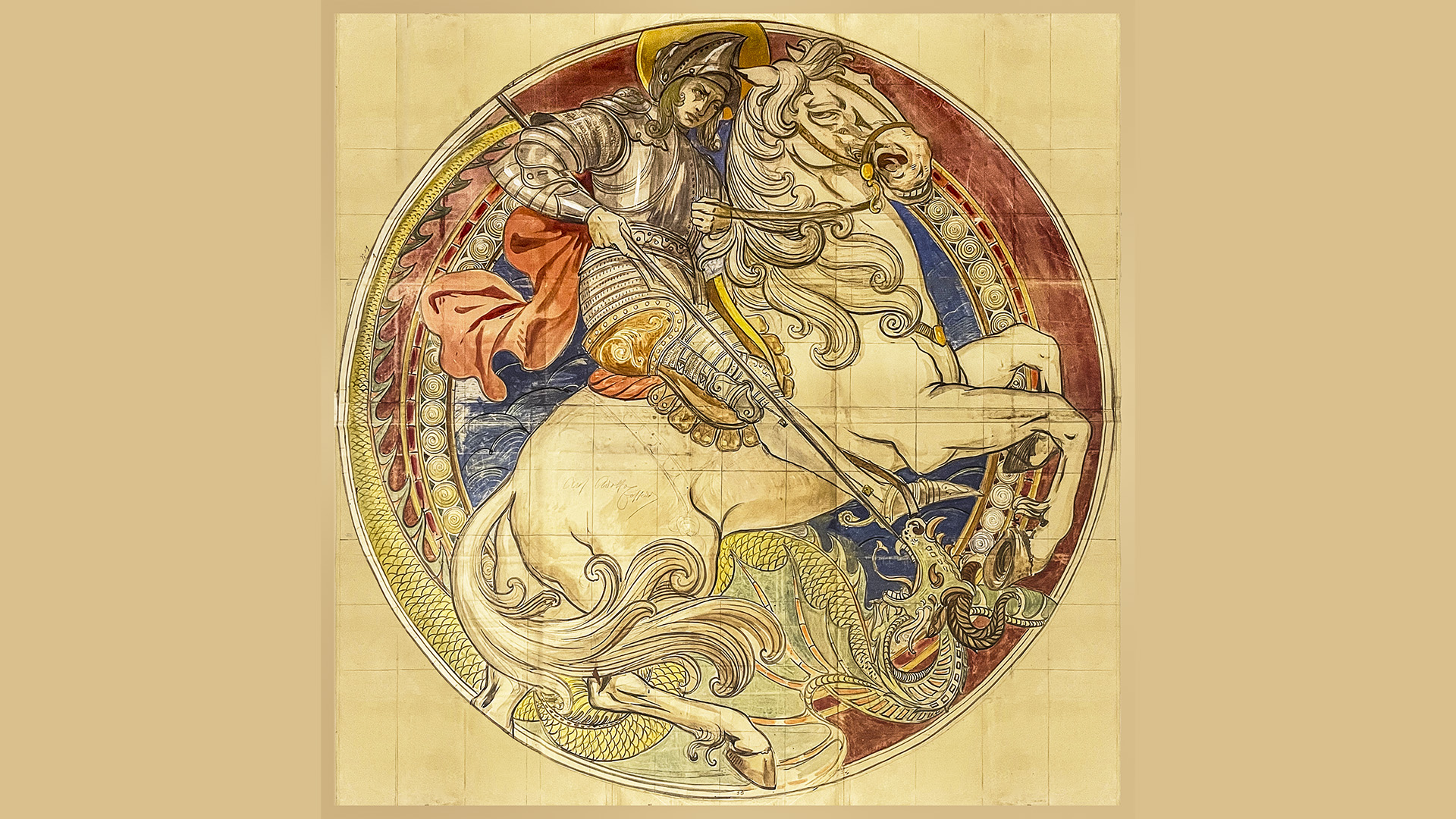 Il disegno fa parte della serie di cartoni preparatori per le vetrate del salone della Nuova Borsa di Genova, il complesso progettato dall’architetto Dario Carbone (1857-1934) nel quale Adolfo Coppedè fu incaricato di realizzare l’apparato decorativo interno. Nel grande tondo progettato per il lucernario centrale, realizzato nelle officine del pittore Luis Balmet (1876-1957) a Grenoble, campeggia la figura di San Giorgio che uccide il Drago, la cui coda si sviluppa lungo la circonferenza a creare un motivo decorativo che incornicia la composizione. Le restanti vetrate furono realizzate in Toscana, nelle Fornaci fondate nel 1906 da Galileo e Chino Chini a Borgo San Lorenzo, e traspare infatti in queste opere di Coppedé una maggiore aderenza allo stile floreale, suggerito dall’utilizzo di una tecnica di rappresentazione grafica lineare ma anche dalla vicinanza di Galileo Chini che lavora insieme a lui nel cantiere genovese. La presentazione dell’apparato decorativo del complesso, in occasione dell’inaugurazione, suscitò una generale approvazione e un’incondizionata ammirazione per l’architetto che occupò per giorni le pagine dei quotidiani nazionali.